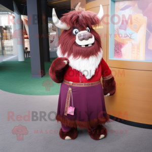 Maroon Yak mascot costume character dressed with a A-Line Skirt and Pocket squares