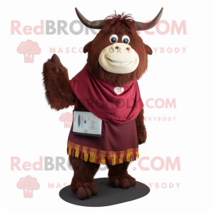 Maroon Yak mascot costume character dressed with a A-Line Skirt and Pocket squares