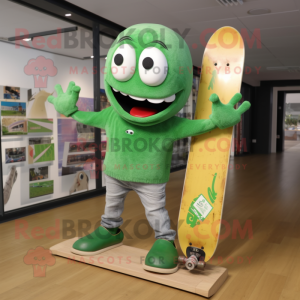 Green Skateboard mascot costume character dressed with a Long Sleeve Tee and Shoe laces