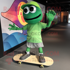 Green Skateboard mascot costume character dressed with a Long Sleeve Tee and Shoe laces