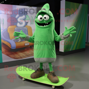 Green Skateboard mascot costume character dressed with a Long Sleeve Tee and Shoe laces