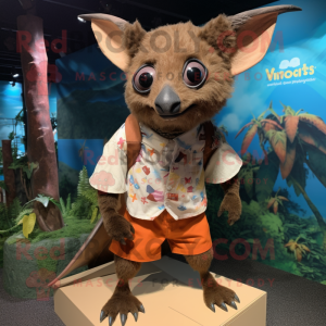 Rust Fruit Bat mascot costume character dressed with a Bermuda Shorts and Foot pads