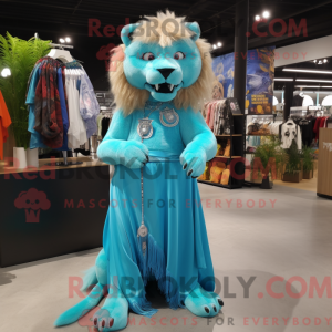 Maskotkarakter av en cyan...