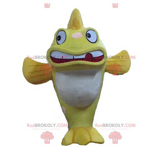 Mascotte de gros poisson jaune et blanc très expressif et drôle
