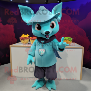 Cyan Fruit Bat mascot costume character dressed with a Midi Dress and Beanies