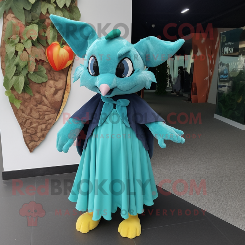 Cyan Fruit Bat mascot costume character dressed with a Midi Dress and Beanies