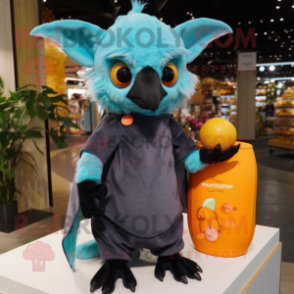 Cyan Fruit Bat mascot costume character dressed with a Midi Dress and Beanies