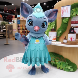 Cyan Fruit Bat mascot costume character dressed with a Midi Dress and Beanies
