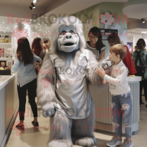 Silver Orangutan mascot costume character dressed with a Mom Jeans and Wraps