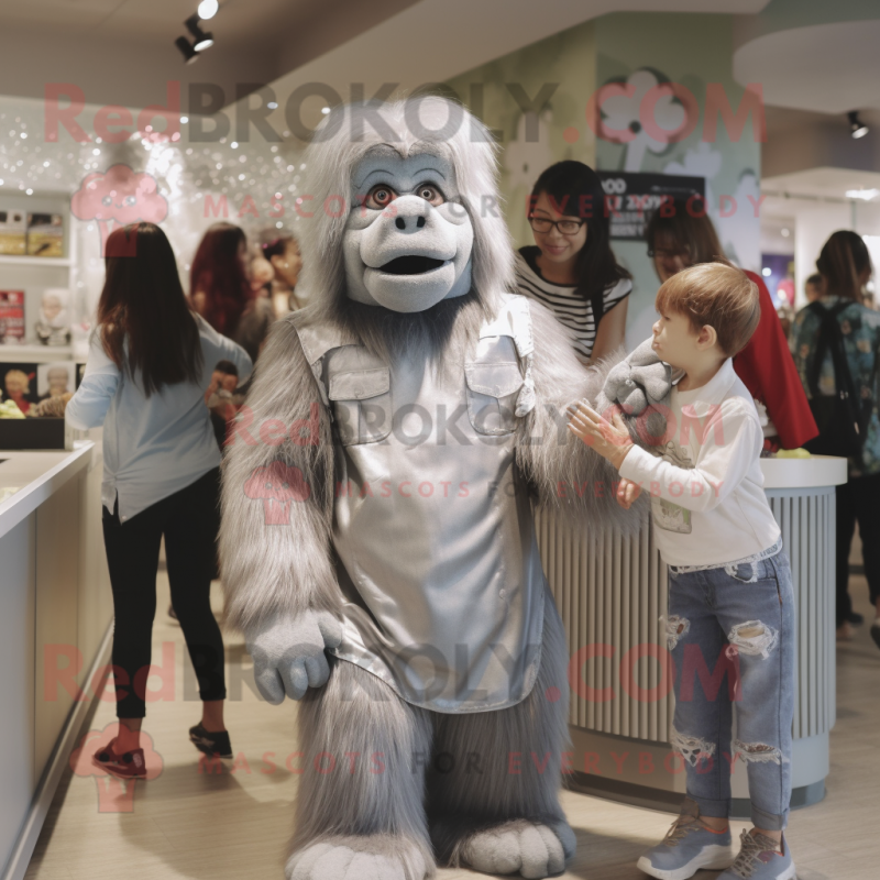 Silver Orangutan mascot costume character dressed with a Mom Jeans and Wraps Silver Orangutan mascot costume character dressed with a Mom Jeans and Wraps