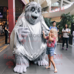Silver Orangutan mascot costume character dressed with a Mom Jeans and Wraps