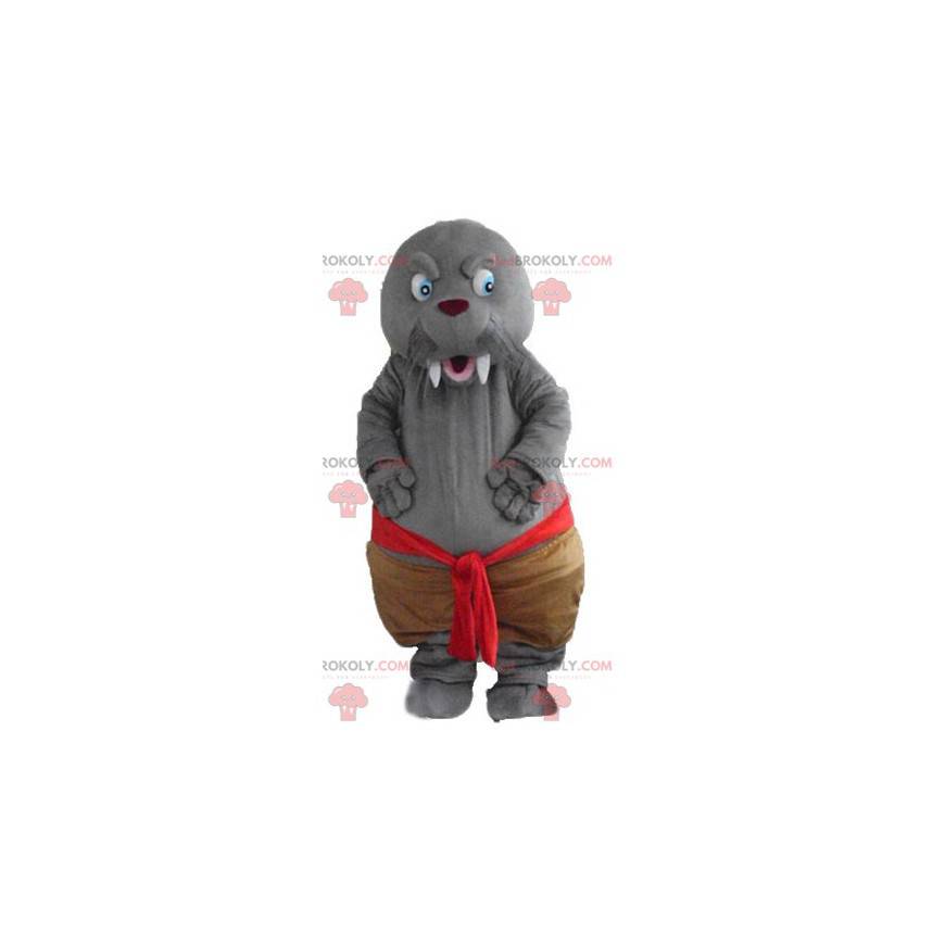 Mascotte de phoque de morse gris avec de grandes dents -