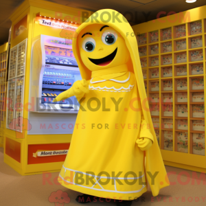 Maskotkarakter av en gul...