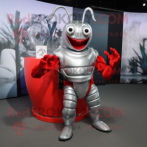 Silver Lobster mascot costume character dressed with a V-Neck Tee and Brooches