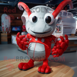 Silver Lobster mascot costume character dressed with a V-Neck Tee and Brooches