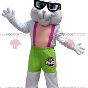 Mascotte de lapin blanc vert et rose avec des lunettes -
