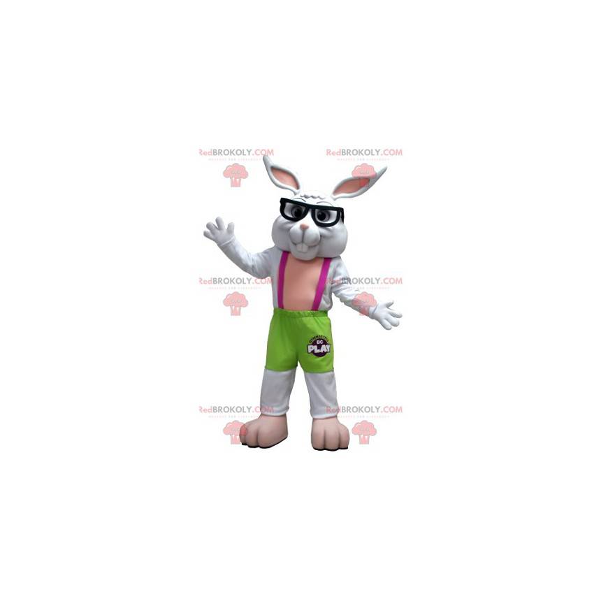 Mascotte de lapin blanc vert et rose avec des lunettes -