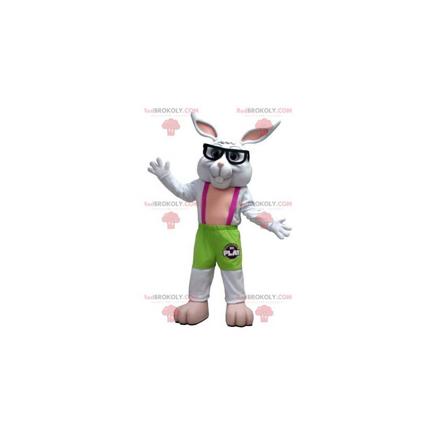 Mascotte di coniglio bianco verde e rosa con gli occhiali -