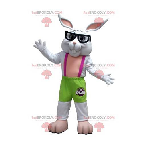 Mascote coelho branco verde e rosa com óculos - Redbrokoly.com