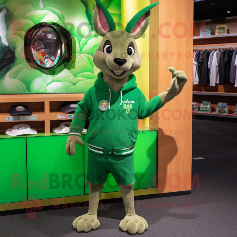 Green Kangaroo mascot costume character dressed with a Sweatshirt and Shoe clips Green Kangaroo mascot costume character dressed with a Sweatshirt and Shoe clips