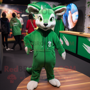 Green Kangaroo mascot costume character dressed with a Sweatshirt and Shoe clips