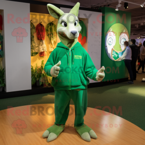 Green Kangaroo mascot costume character dressed with a Sweatshirt and Shoe clips