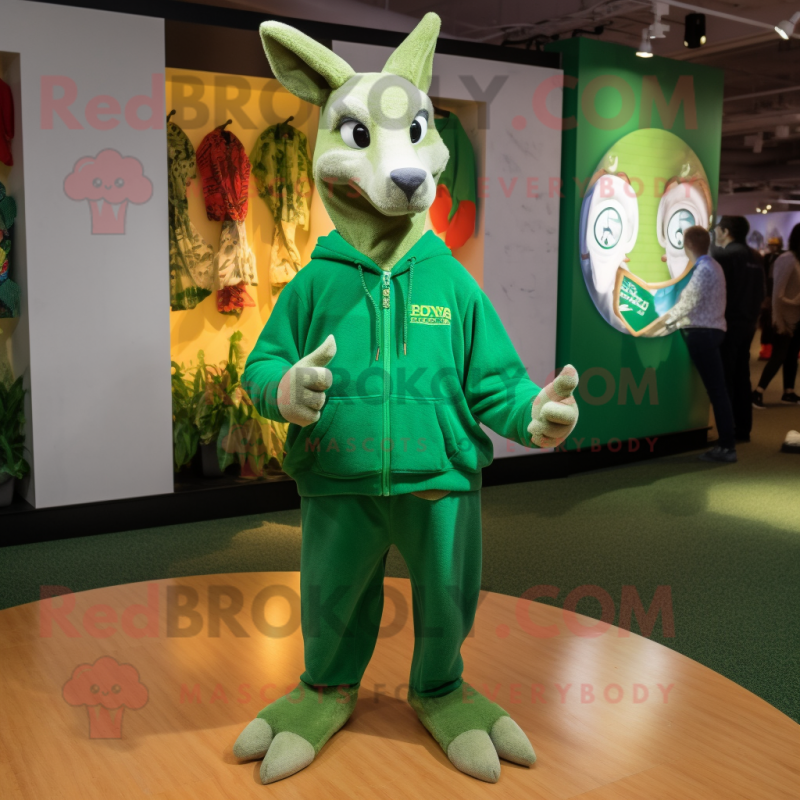 Green Kangaroo mascot costume character dressed with a Sweatshirt and Shoe clips