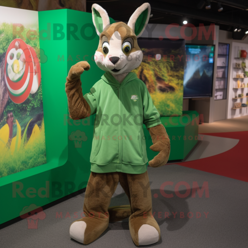 Green Kangaroo mascot costume character dressed with a Sweatshirt and Shoe clips