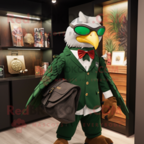 Forest Green Hawk mascot costume character dressed with a Blazer and Messenger bags