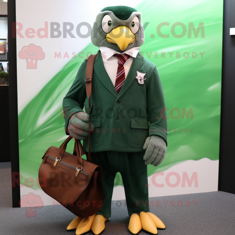 Forest Green Hawk mascot costume character dressed with a Blazer and Messenger bags