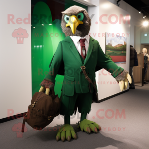 Forest Green Hawk mascot costume character dressed with a Blazer and Messenger bags