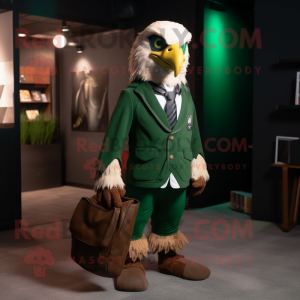 Forest Green Hawk mascot costume character dressed with a Blazer and Messenger bags