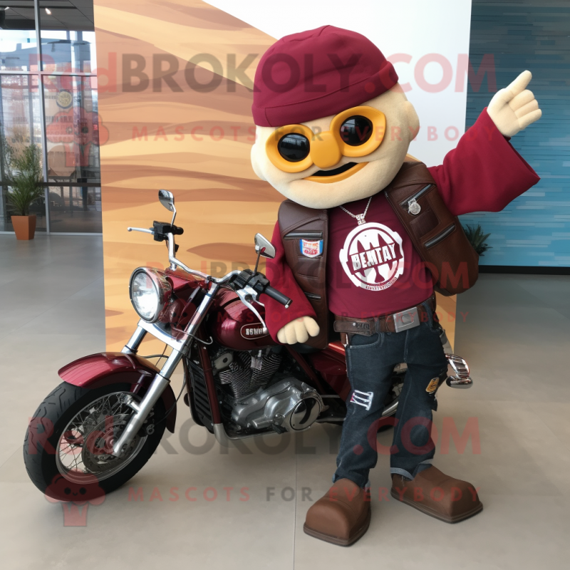 Maroon Nachos mascot costume character dressed with a Biker Jacket and Tote bags Maroon Nachos mascot costume character dressed with a Biker Jacket and Tote bags