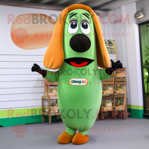Olive Hot Dogs mascot costume character dressed with a Culottes and Keychains