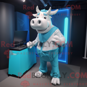 Maskotfigur af en cyan zebu...
