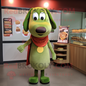 Olive Hot Dogs mascot costume character dressed with a Culottes and Keychains