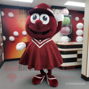 Maroon Golf Ball mascot costume character dressed with a Wrap Skirt and Shoe clips