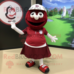 Maroon Golf Ball mascot costume character dressed with a Wrap Skirt and Shoe clips