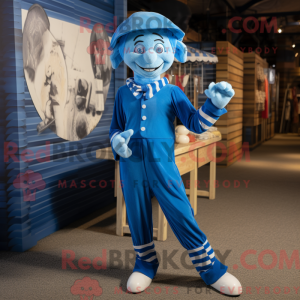 Maskotfigur af en blå mime...