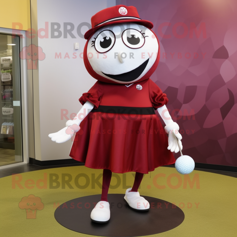Maroon Golf Ball mascot costume character dressed with a Wrap Skirt and Shoe clips Maroon Golf Ball mascot costume character dressed with a Wrap Skirt and Shoe clips