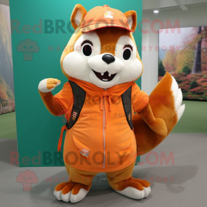 Orange Chipmunk mascot costume character dressed with a Bermuda Shorts and Shawl pins