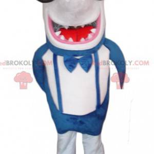 Mascote tubarão gigante e engraçado de azul e branco -