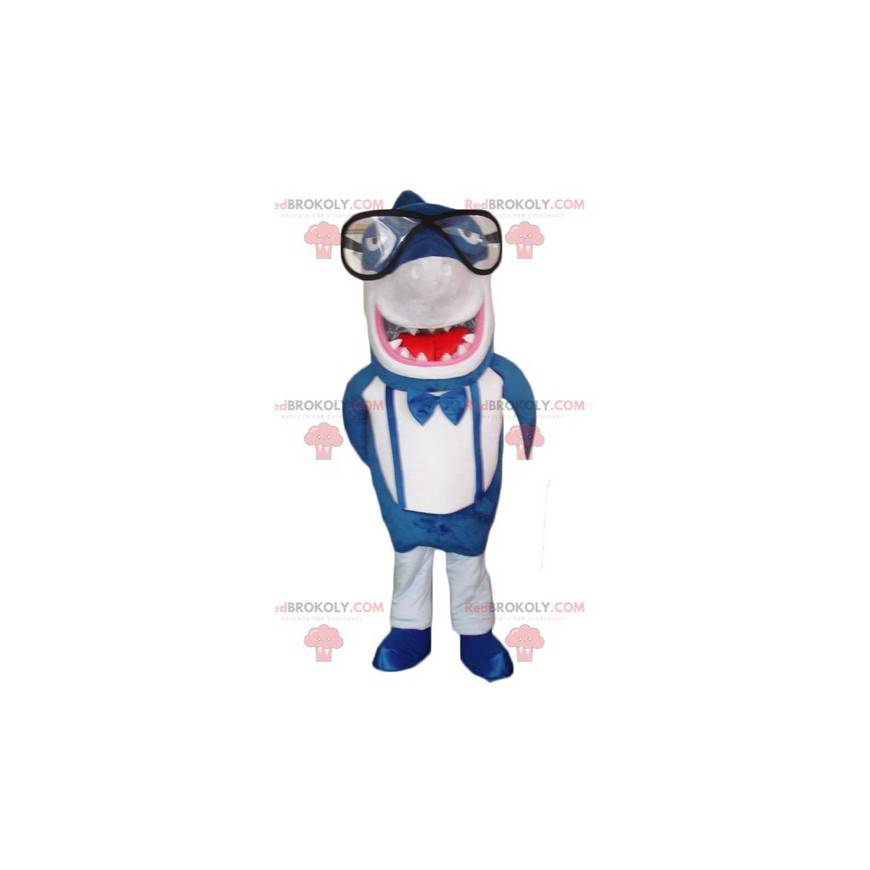 Mascota de tiburón azul y blanco gigante y divertido -