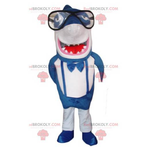 Mascota de tiburón azul y blanco gigante y divertido -