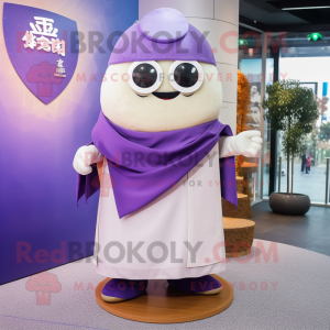 Purple Dim Sum mascot costume character dressed with a Suit and Scarves