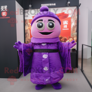 Purple Dim Sum mascot costume character dressed with a Suit and Scarves