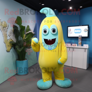 Cyan Banana mascot costume character dressed with a Long Sleeve Tee and Brooches