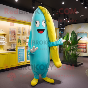 Cyan Banana mascot costume character dressed with a Long Sleeve Tee and Brooches