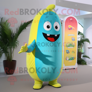 Cyan Banana mascot costume character dressed with a Long Sleeve Tee and Brooches