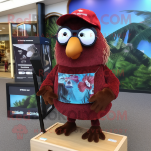 Maroon Kiwi mascot costume character dressed with a Bermuda Shorts and Reading glasses